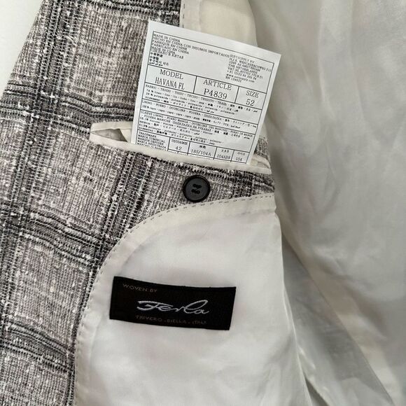 Suitsupply Men’s Textured Linen Blend Havana FL Cream Grey Black Check Windowpan - Picture 11 of 16